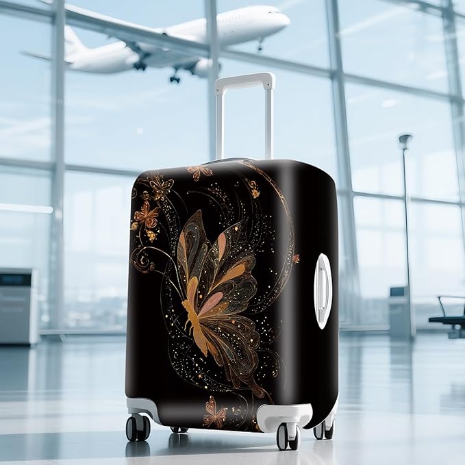 ANNA QUEEN Gold Butterfly Travel Luggage Cover -Stretchable Airplane Suitcase Protector Sleeve,Universal Washable Fit for 32-34 Inch Checked Baggage,Water Resistant Durable Luggage Protector
