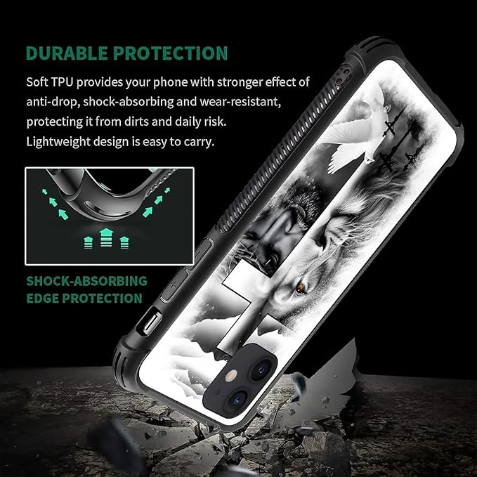 for iPhone 12 Mini Case, Lion Cross Jesus Christ Dove Pattern Made of Soft Silicone Hard Acrylic Shock Protection for iPhone 12 Mini