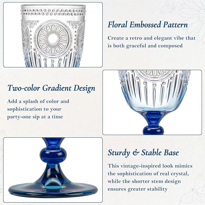 XUWAIDSGN 24Pcs Plastic Vintage Wine Glasses 13.5oz Reusable Embossed Goblet Glasses Blue Gradient Retro Wine Glassware Unbreakable Stemmed Champagne Water Cups for Wine Cocktail Juice Wedding