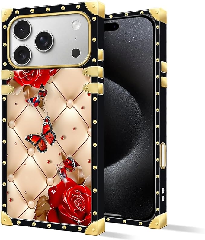 for iPhone 17 Pro Case Luxury Golden Decoration for Girl Women Soft TPU Shockproof Protective Hard PC Back for iPhone 17 Pro Crazy Pattern Shining Red Rose Butterfly Leather Background