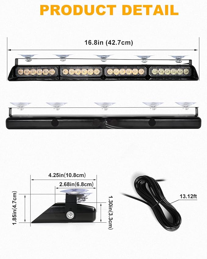 HLauto 6Z4J Emergency Dash Strobe Lights: 2x16.8 inch Amber Safety Lights, 48 LED Flashing Warning Hazard Interior Windshield Visor Traffic Light Bar for Trucks, Construction Vehicles