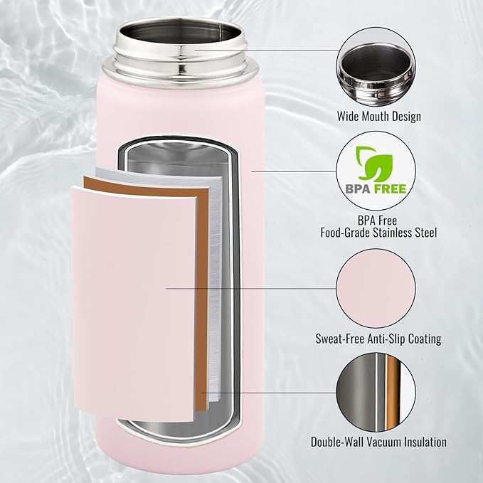 Fijinhom 18 oz Insulated Water Bottle with Handle, 304 Stainless Steel Water Bottles with Wide Mouth, Double Wall Vacuum Sports Water Bottle, BPA Free, Keep Cold and Hot, Pink