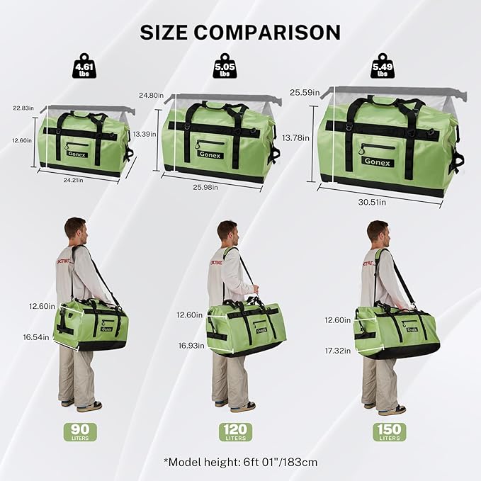 Gonex Waterproof Duffel Bag, 150L Heavy Duty Dry Duffle Bag with Reinforced Thickened Bottom, 3-in-1 Convertible Large Travel Backpack for Kayaking, Motorcycle, Camping & Boating, Army Green