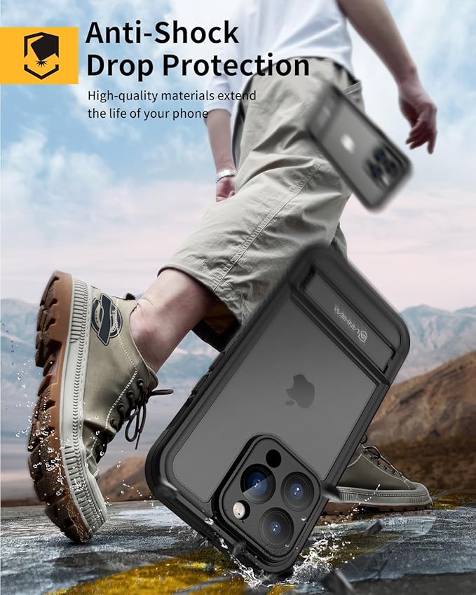 Lanhiem for iPhone 15 Pro Max Case with Kickstand, IP68 Waterproof Dustproof Built-in Screen Protector, Full Body Shockproof Protective Front and Back Cover for iPhone 15 Pro Max, 6.7 Inch (Black)