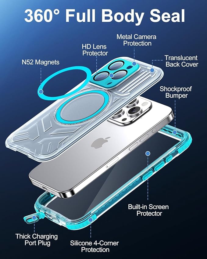 for iPhone 15 Pro Waterproof Case with Magsafe, Built-in [Camera & Screen Protector] [Lanyard], IP68 Water Proof Full Body Dustproof Heavy Duty Frosted Protective Phone Cover, 6.1" Teal