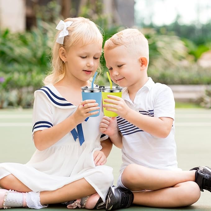 Kids Cups with Straws and Lids Leak Proof, 12oz Sippy Cups for Toddlers 1-3, 2 Pack Spill Proof Cup Stainless Steel Kids Cups with Lids for School, Outdoor (Blue & Yellow)