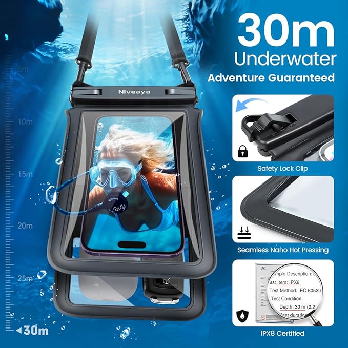 Niveaya Double Space Waterproof Phone Pouch - 2 Pack, Waterproof Phone Lanyard Case with iPhone 17/16/15/14/13 Pro Max up to 8.3", Phone Dry Bags for Vacation Beach Pool Kayak Cruise Travel Essentials