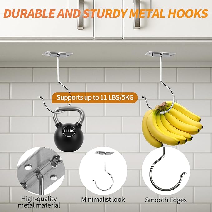 Banana Hook Under Cabinet,Adhesive Bananas Hanger with Fordable Design,Durable Metal Banana Holder for Hanging Bananas,Kitchen Organization Or Multi-Purpose Home Us(Silver)
