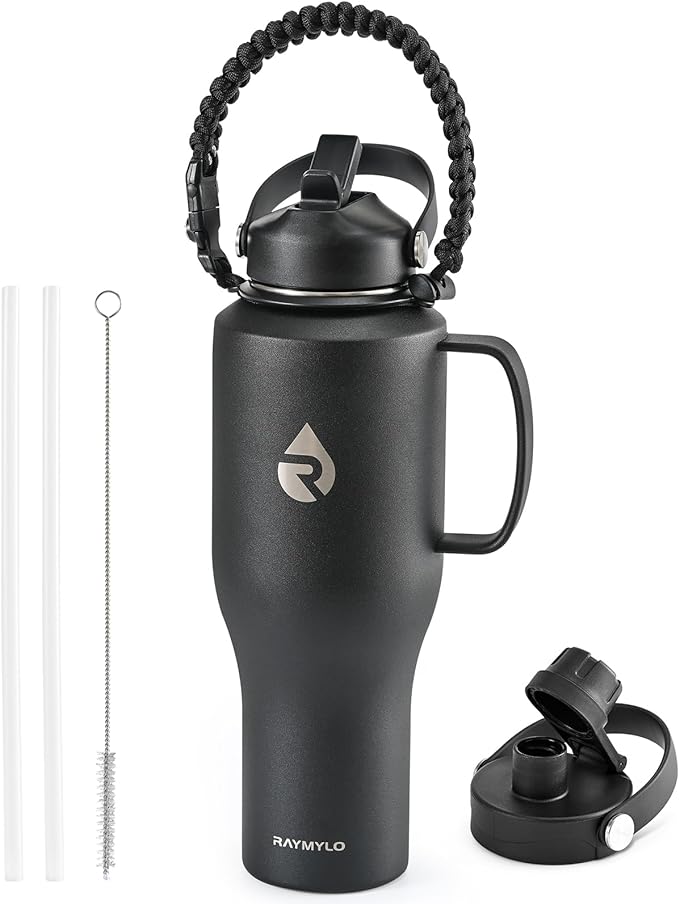 RAYMYLO Insulated Water Bottle 40oz (Cold for 48 Hrs), Stainless Steel Water Bottle with Handle & Straw Lid & Paracord Handle, Triple Wall Vacuum Leakproof Travel Flask, Fit in Any Car Cup Holder