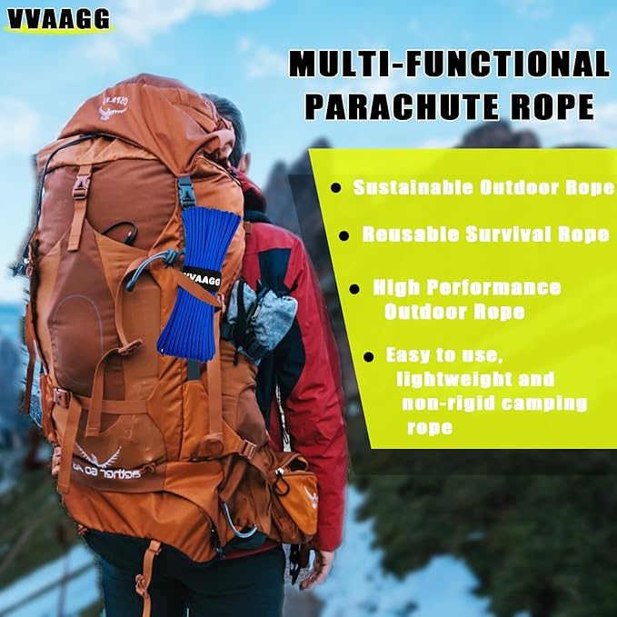 VVAAGG 1000 Blue Paracord Rope, 50ft 12 Strand Parachute Cord for Crafting, DIY Projects, Survival Bracelets, Camping, Tent, Clothsline, Outdoor Hiking, Fishing (Blue, 50FT)