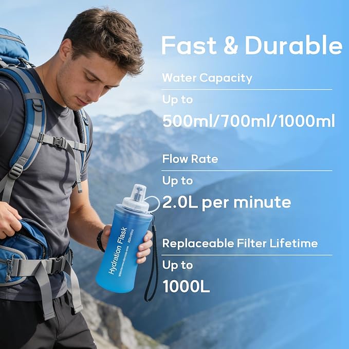 500ml Soft Flask Water Bottle, Collapsible Water Bottle with Filter, Perfect for Hiking, Backpacking, and Camping - Blue