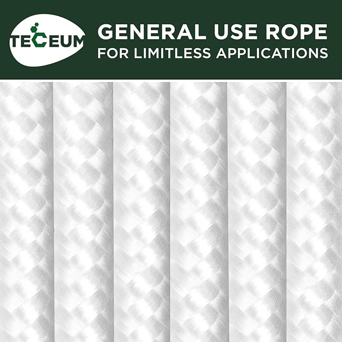 TECEUM Rope – 90 Feet x 3/8 Inch (10mm) – White – Strong All-Purpose Utility Rope – Camping, Crafting, Flag Pole, Indoor & Outdoor – Polypropylene Nylon Poly Lightweight Diamond Braided Cord