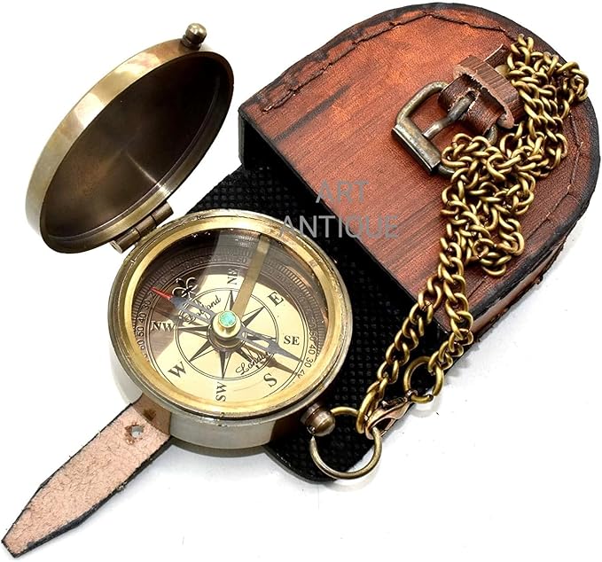 Vintage Brass Compass with Leather Case – Engraved “Not All Those Who Wander are Lost” – Antique Pocket Navigation Compass Gift for Travel Lovers, Hiking, Graduation, Birthday, Christmas