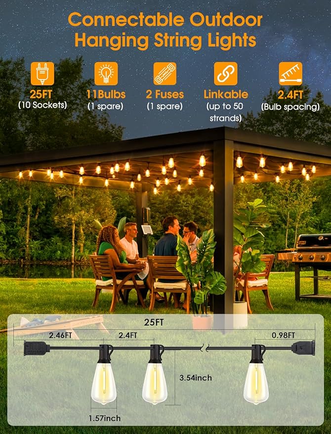 Larkvue 25FT Outdoor String Lights, Patio Lights with 10+1 LED Dimmable Waterproof Shatterproof ST38 Retro Edison 2700K Bulbs for Balcony Yard, Black