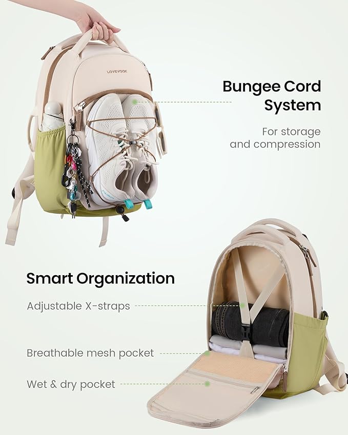 LOVEVOOK Everyday Laptop Backpack for Women & Men With Tumbler Holder,17 Inch Classic Travel Work College Teacher Carry on Backpack Purse,Waterproof Computer laptop Bag Hiking Backpack,Beige-Green