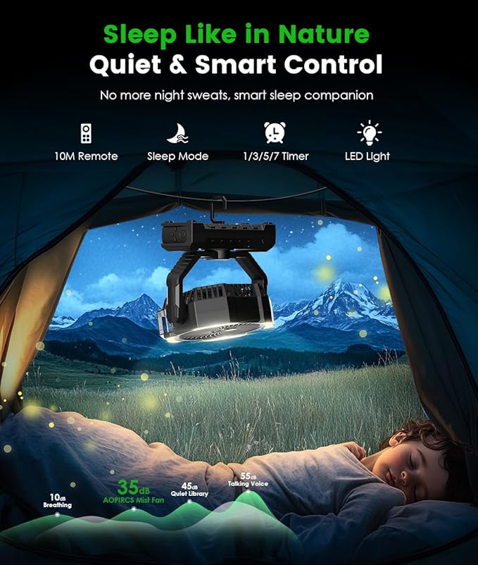 Camping Misting Fan - 24000mAh Portable Battery Powered Fans with 9oz Water Tank, Light, Hook - Rechargeable, 120H Cooling, Last 5H Mist, 4 Speed, Sleep Mode - Outdoor Gear, Travel Essentials