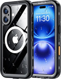 Red2Fire for iPhone 16 Case Waterproof, [Built-in Screen Protector & Camera Protector][Compatible with MagSafe][Full Body Shockproof][IP68 Waterproof][Dustproof] Phone Case 6.1" Black/Clear