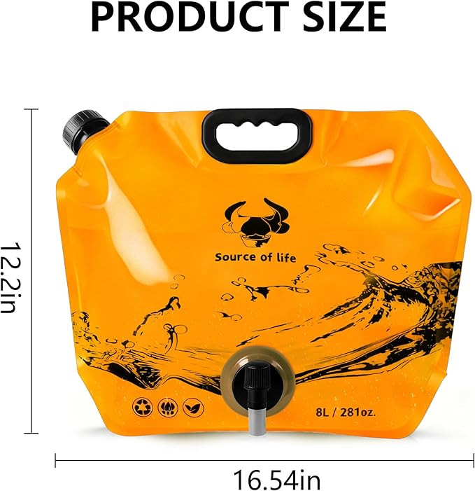 Collapsible 8L Water Storage Bag, BPA-Free Portable Folding Water Jug with Adjustable Faucet, Leakproof Emergency Water Bag for Camping, Hiking, Riding, Outdoor Sport (1, Orange)