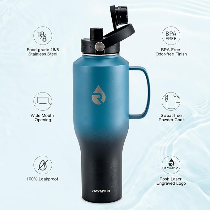 RAYMYLO 32oz Stainless Steel Water Bottle (Cold for 48 Hrs, Hot for 24 Hrs), Triple Wall Vacuum Insulated Water Bottle with Straw Lid, Spout Lid and Paracord Handle, Leakproof, Fit in Any Car Cup