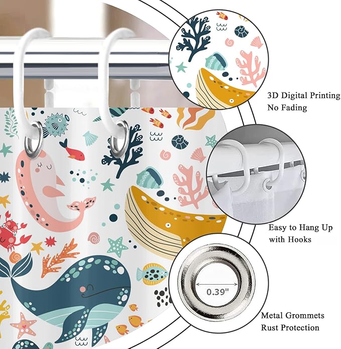 Kids Whale Shower Curtain, Funny Cute Ocean Fish Cartoon Sealife Under Sea Coral Starfish Bath Curtain Waterproof Fabric Machine Washable with Hooks, 72" Wx84 L