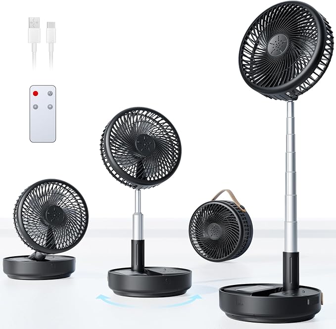 Portable Oscillating Travel Fan, 10400mAh Battery Operated Rechargeable USB Floor Table Desk Fan with Remote, 4 Speed Settings Pedestal Fan for Home Bedroom Office Camping Cruise, Black 8"