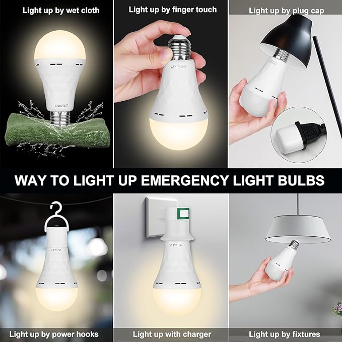 Ostwiki 10 Pack Rechargeable Light Bulbs, Emergency Light Bulbs for Power Outage Hurricane Camping 3000K Warm Light Battery Operated Light Bulb 9W E26 1200mAh Battery Backup Soft Light Bulb for Lamps