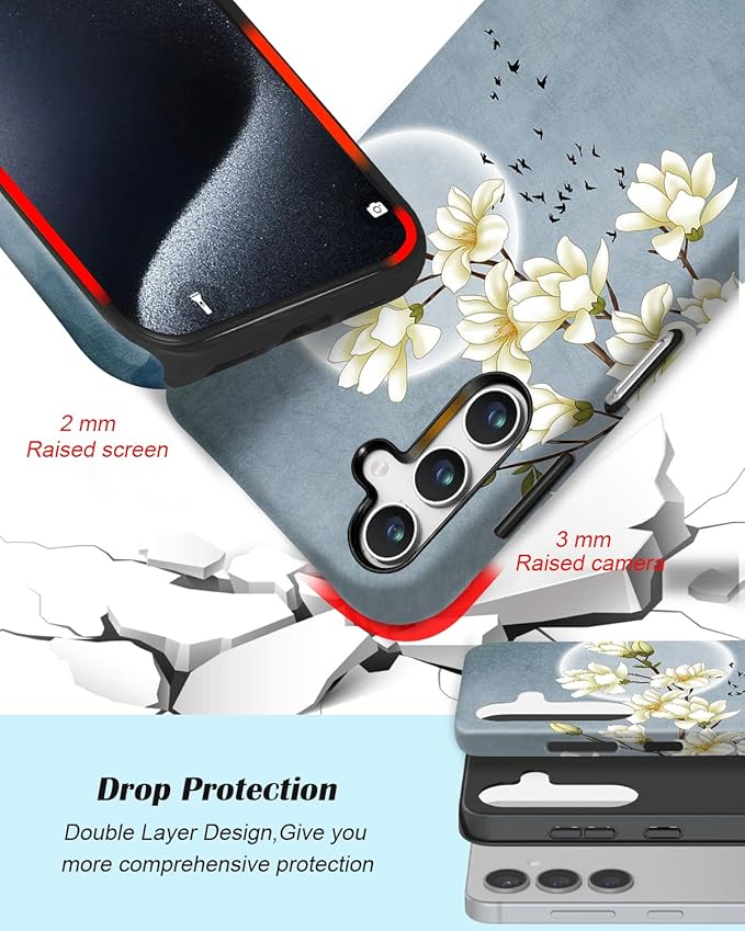 Compatible for Samsung Galaxy S26 Plus 5G Case, Dual Layer Heavy Duty 2 in 1 Shockproof Protective Phone Case,Magnolia Flowers Mountain and Birds