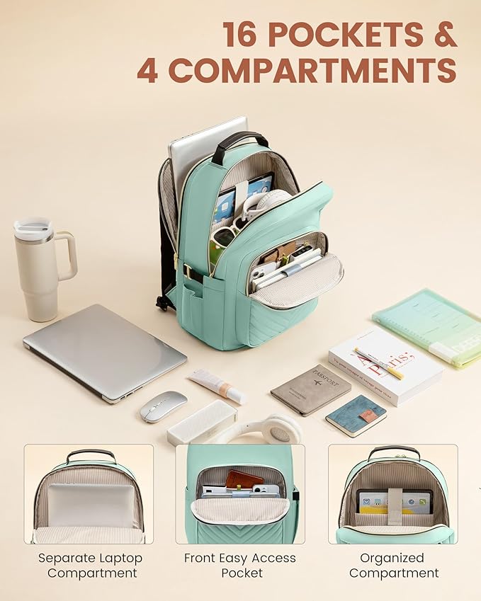 LOVEVOOK Laptop Backpack for Women with Giant Tumbler Holder 17.3 inch,Designer Travel Backpack Laptop Bag College Backpack,Quilted Work Nurse Teacher Backpack Purse Computer Bag Daypack,Mint Green
