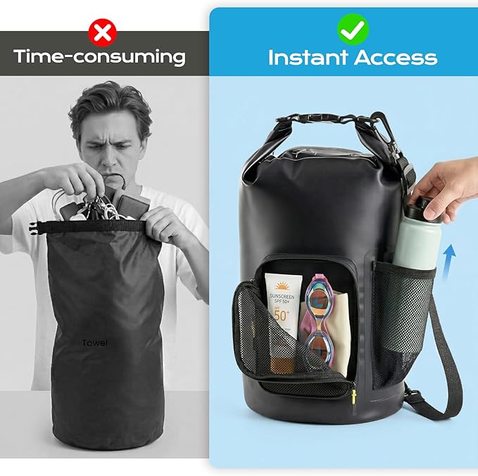 Rynapac 10L Waterproof Dry Bag with Bottle Holder & Mesh Pocket, 500D PVC Tarpaulin Roll Top Dry Sack with Inner Waterproof Adsorption Film, Dry Storage Bag for Kayaking, Boating, Beach, Camping