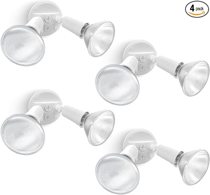 LUTEC 4 Pack Adjustable Twin Par Holder Outdoor Flood Lights, Switch Controlled Security Lights, Floodlights Fixture, Waterproof Exterior Max 300 Watt Par38 Flood Light for Garage, Yard, Porch-White