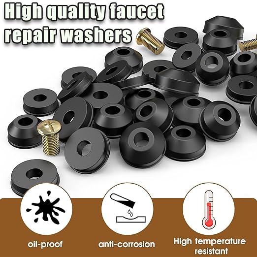 48 PCS Faucet Washer Assortment Kit Outdoor Faucet Repair Kit with Brass Screws Flat and Beveled Washers for Use with Assorted Quick-Opening Style Faucets Stem Worn Out Washer Replacements (48 PCS)