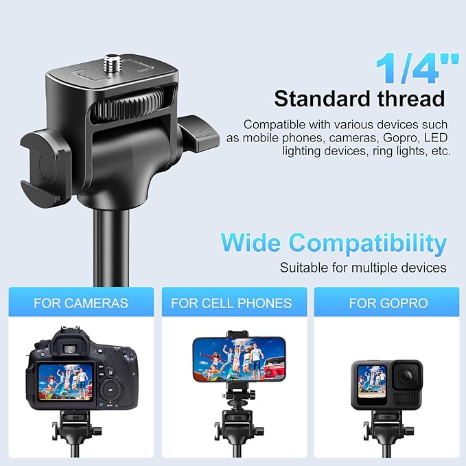 Fugetek 62" Professional Cell Phone Tripod, Ultra Stable 4 Leg Design, Bluetooth Remote, 100% All Aluminum Stick & Legs, Portable All in One, 360° Phone Mount with 2 Cold Shoe Slots, Non Skid Feet