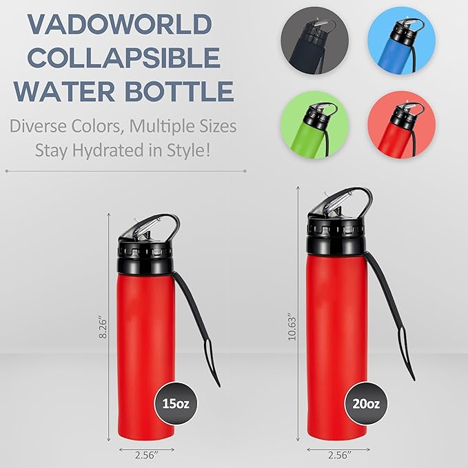 Collapsible Water Bottles 20oz, Odorless BPA-Free Silicone, Leak-Proof Foldable Reusable Bottle - Perfect for Cruise Travel Sports Gym Hiking Camping Cycling - Red