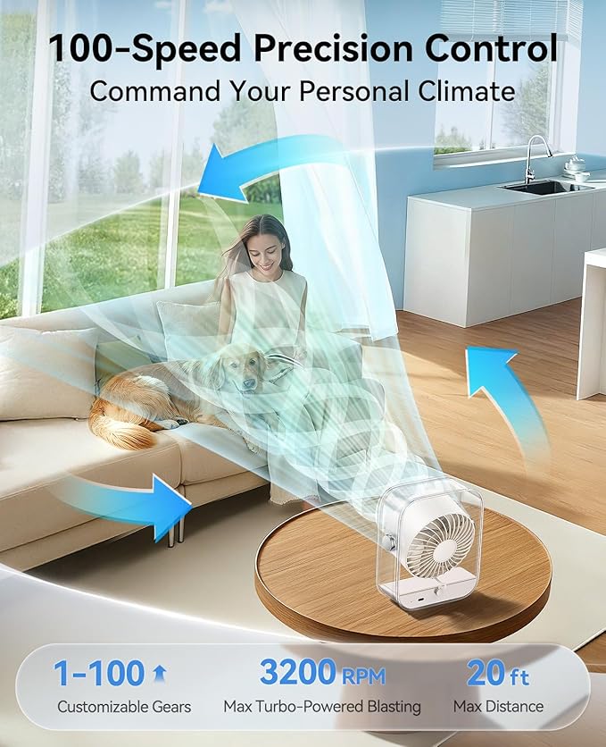 KIMMOO Rechargeable USB Desk Fan, Quiet Table Fan with Turbo Airflow, 100 Speeds, Digital Display, 90° Rotating, Small Battery Desktop Fans for Bedroom Home Office Trave, Beige