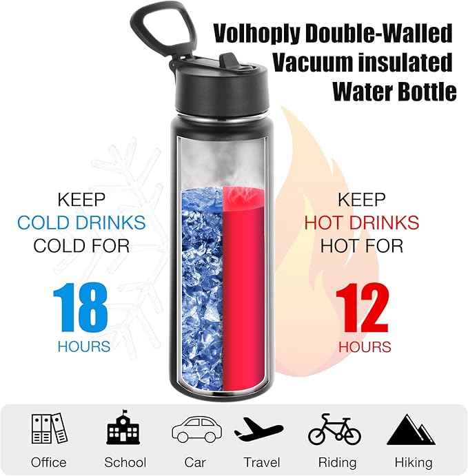 Volhoply 24 Ounce Insulated Water Bottle With Straw Lid,Stainless Steel Wide Mouth Sport Bottles With Handle,Double Wall Vacuum Cups Keep Cold,Reusable Travel Thermal Cups For Holder,Gym(Black,1)