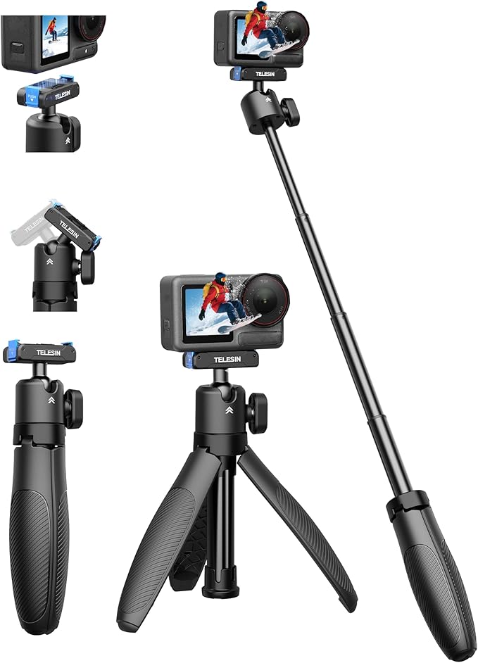 TELESIN 40cm/15.7'' Mini Selfie Stick Tripod, Magnetic Quick Release Selfie Sticks Handle Grip, Portable Vlog Monopod, 360° Adjustable Extended Pole for DJI Osmo Action 5 Pro/4/3 Camera Accessories