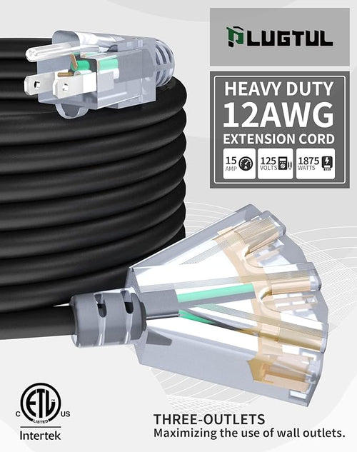 100Ft 12/3 Outdoor Extension Cord with 3-Outlets, Heavy Duty 12 Gauge 3 Prong Extension Cord Waterproof with Lighted end, 15A 12AWG 1875W SJTW, ETL Listed - Great for Garage, Garden and Home, Black
