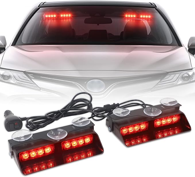 XRIDONSEN 2 in 1 Red Emergency Dash Lights Warning Safety Flashing Interior Windshield Strobe Lights w/Suction Cups for Volunteer Firefighter Vehicles Trucks (2×7.16 inch, 16 LED)