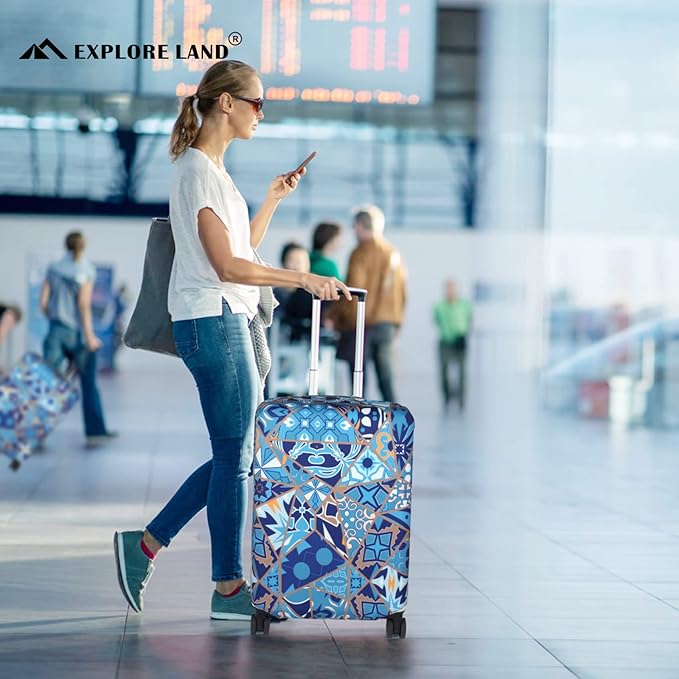 Explore Land Travel Luggage Cover Suitcase Protector Fits 23-26 Inch Case (Portuguese tiles, M)