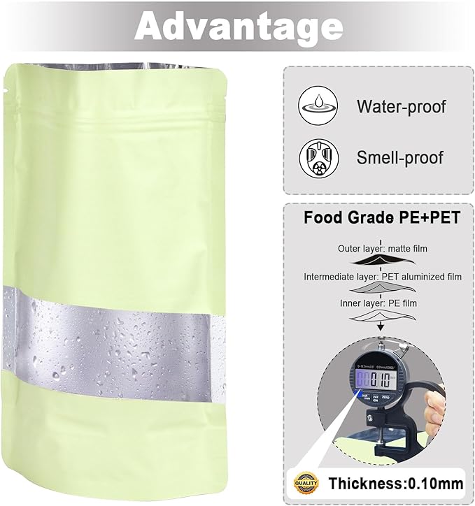 5.9"x8.6" 120pcs Mylar Bags for Food Storage,Smell Proof Bag with Matte Window Resealable Food Storage Bags for Small Business, Stand-up Foil Pouch Packaging Freeze Dried Candy Bag(Beige)