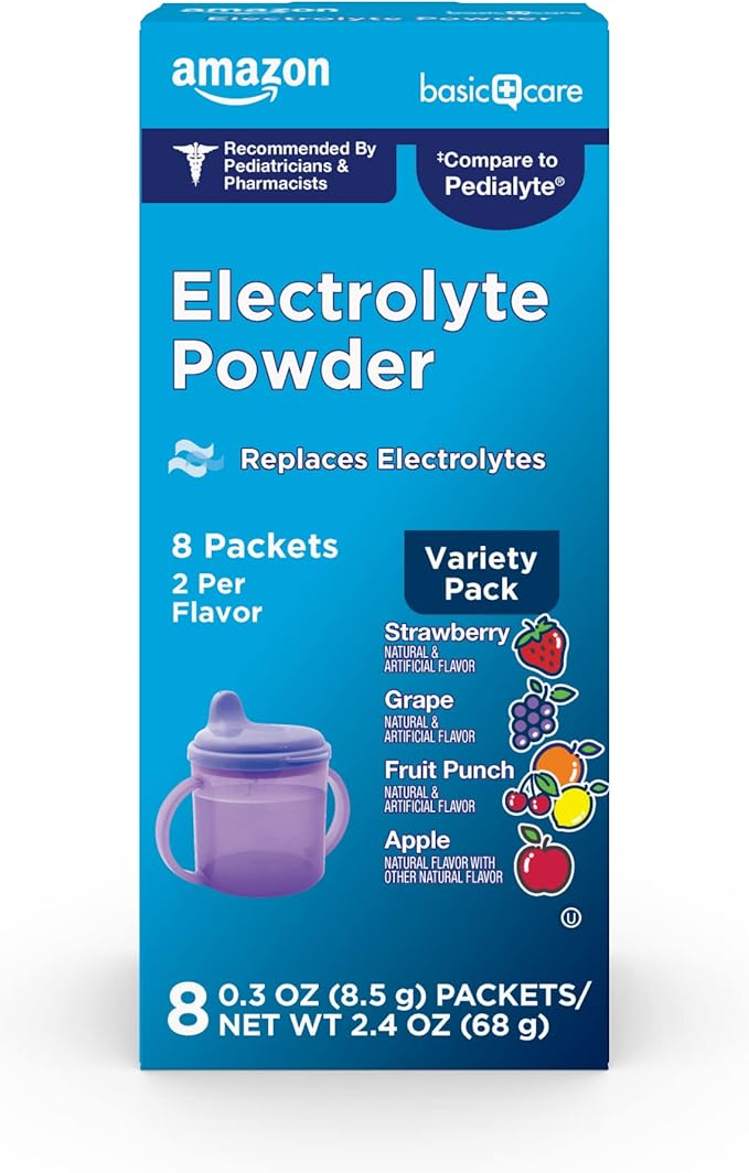 Amazon Basic Care Electrolyte Powder Variety Pack, Apple, Fruit Punch, Grape, Strawberry, 8 Count