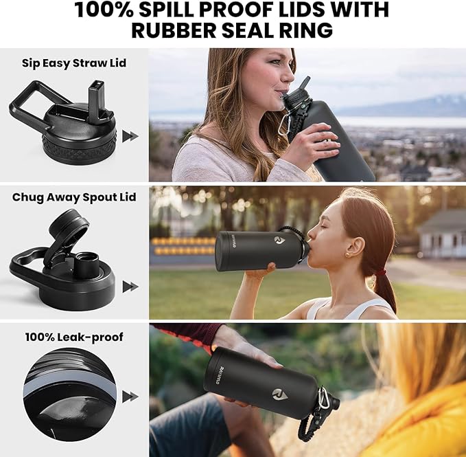 RAYMYLO Insulated Water Bottle 87 oz, Triple Wall Vacuum Stainless Steel (Cold for 48 Hrs), Leak Proof & Non-BPA, Modern Water Flask Jug with Paracord Handle & Straw Spout Lids, Magic Black