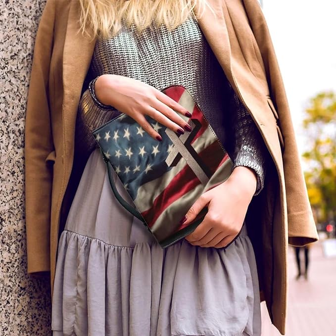 Large Bible Cover Case for Women Men American Flag and Cross PU Leather Bible Case with Bookmark Church Bag Book Carrying Case Bible Cover for Women Men Bible Case for Men Women