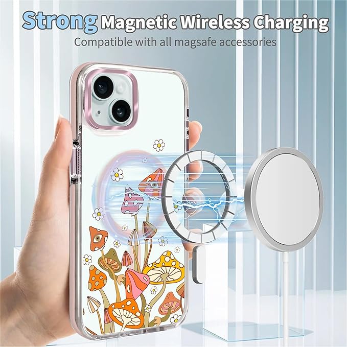 Case for iPhone 14 Plus/15 Plus,[Compatible with MagSafe],Retro Mushroom Sunflower Phone Case Design，for Women Girls Magnetic Clear Cover - Slim, Sleek, & Shockproof Protection