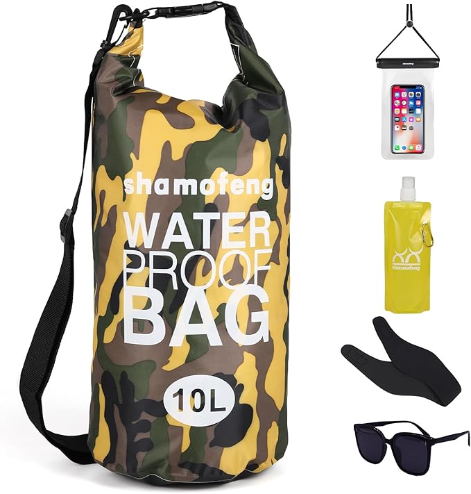 Waterproof Dry Bag 5L/10L/15L/20L/30L Roll Top Dry Storage Backpack with Phone Case, Collapsible Water Bottle, Sunglasses, Ear Band for Kayaking Boating Swimming Fishing Camping, Yellow 30L