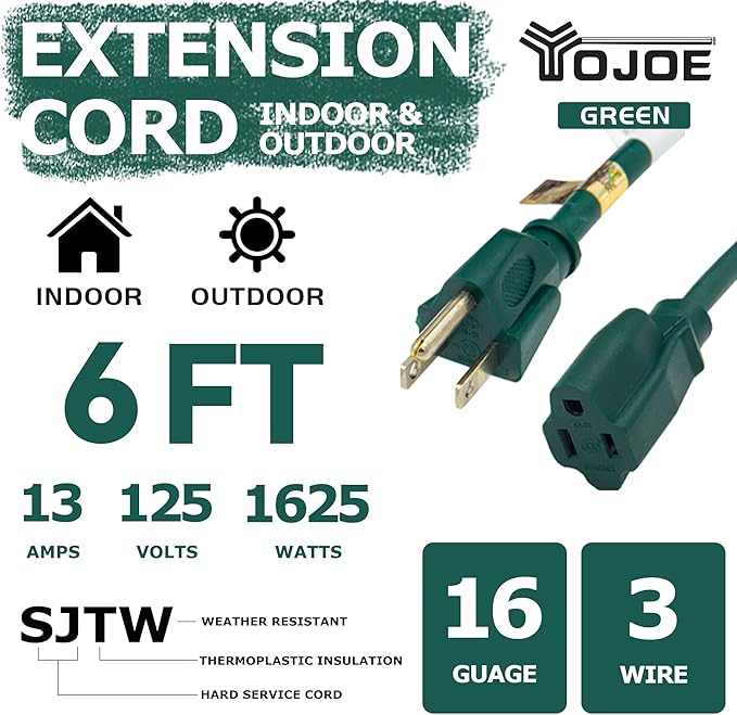 YOJOE Indoor Outdoor Extension Cord, 3 Prong 13A Weatherproof Power Cord, 16 Gauge Heavy Duty 6 ft Green Extension Cord for Garage, Garden and Home, 16/3 SJTW UL Listed