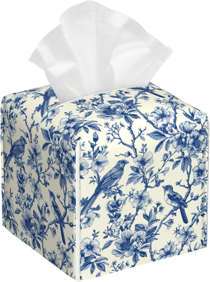 Tissue Box Cover Square,Vintage Floral and Blue Bird Tissue Box Holder Waterproof Leather Facial Paper Case Modern Home Decoration for Bedroom Dresser Night Stand Office Desk