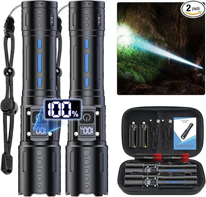 Banral Flashlights High Lumens Rechargeable - Super Bright Tactical LED Flash Light, Dimmable&Memory Function Powerful Waterproof Flashlight for Camping,6 Modes,Zoomable,LCD Display (2, Black)