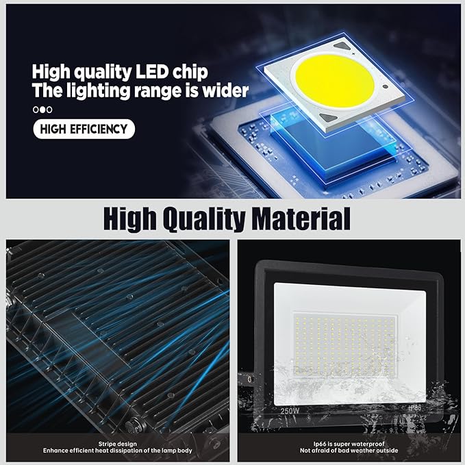 4Pack LED Flood Light Outdoor,250W LED Work Light 26500lmwith 6FT US Plug,IP66 Waterproof Exterior Security Lights,6000K Daylight White Outside Floodlights Slim Design for Playground Yard