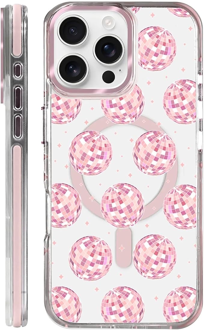 Case for iPhone 16 Pro,[Compatible with MagSafe],Disco Balls Pink Phone Case Design，for Women Girls Magnetic Clear Cover - Slim, Sleek, & Shockproof Protection